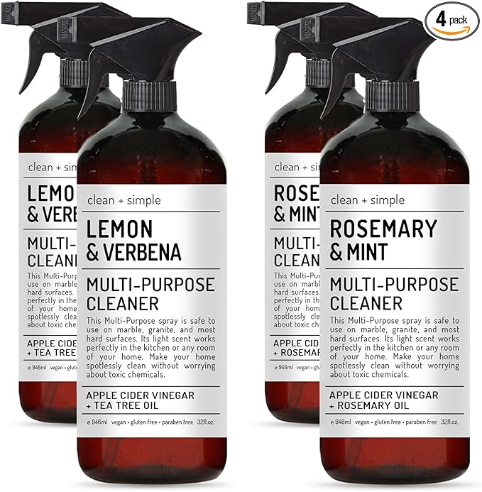Clean + Simple Multi Purpose Cleaners | With Apple Cider Vineager, Rosemary, And Tea Tree Oil | Set of 4 32oz bottles | Home and Body Company