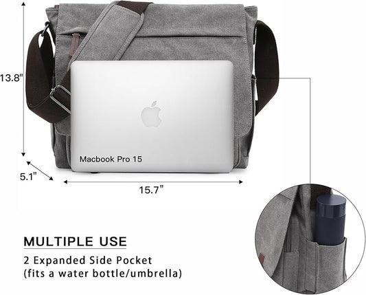 Large Vintage Canvas Messenger Shoulder Bag Travel Crossbody Purse Briefcase Business Bag for 15inch Laptop
