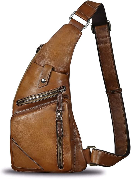Genuine Leather Sling Bag for Men Vintage Handmade Crossbody Daypack Hiking Backpack Retro Crossbody Shoulder Bags (Brown)