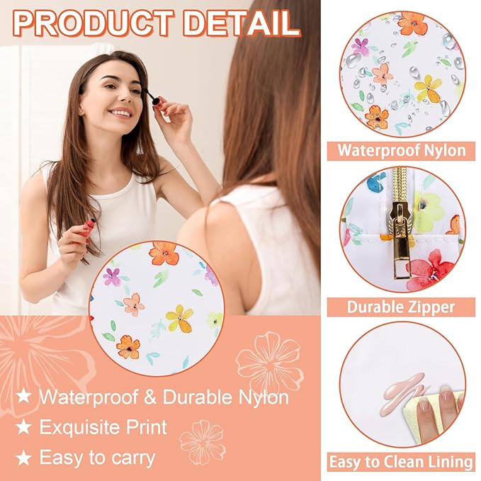 Waterproof Small Floral Pencil Case Makeup Bag for Purse,Cute Flower Pencil Pouch Preppy Nylon Makeup Brush Holder with Zipper,Girls Portable Storage Case Pen Bag for Work(Slim Colorful-Flowers)