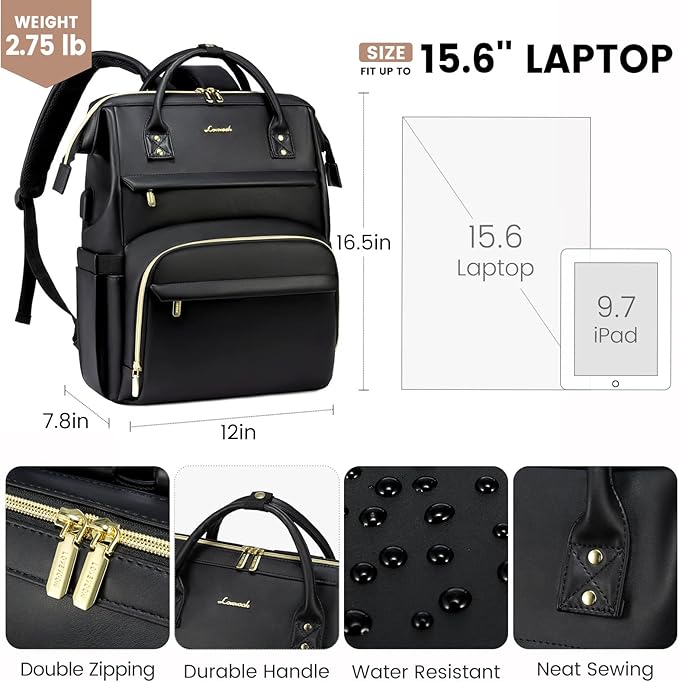 LOVEVOOK Leather Laptop Backpack for Women 15.6 inch,Travel Purse Nurse Teacher Computer Bag,Professional College Business Work Bags Carry On with USB Port,Black
