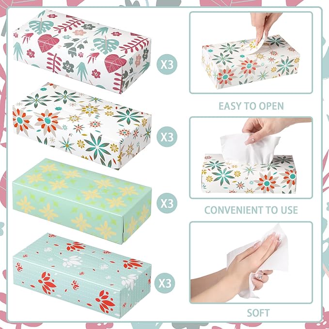 Yinder 12 Packs 1560 Sheets Soft Facial Tissues Box 2 Ply 130 Sheets Per Box Household Facial Tissues Bulk Fit for Bathroom Kitchen Office Car Home Use(Plant Flower)