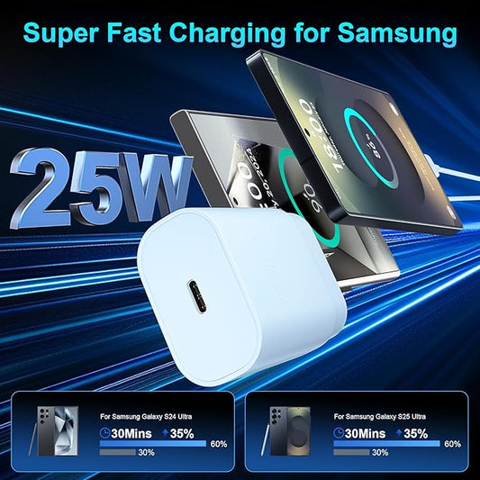 Super Fast Charger Type C, 25W USB C Wall Charger Fast Charging for Samsung Galaxy S25 Ultra/S25/S25+/S24+/S24 Ultra/S24/S24+/S23 Ultra/S22 Ultra/S21 Ultra with 6.6FT Long Type C Charger Cable 2Pack