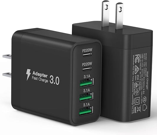 [2-Pack] USB C Wall Charger, 50W Fast USB C Charger Block, 5-Port PD Power Adapter + QC Wall Plug Multiport Type C Charging Block Cube Compatible with iPhone 16 15 14 13 12 11 Pro Max XR XS, Black