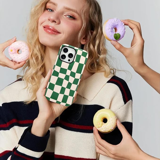 SOKAD Magnetic Checkered Phone Case for iPhone 16 Pro Max, Cute Grids Plaid Checkerboard Pattern Compatible with Magsafe Matte Protective Case Cover with Screen Protector for Girls Women, Green