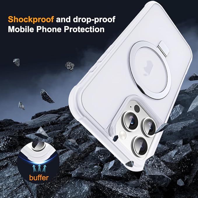 Compatible with iPhone 16 Pro Case with Invisible Magnetic O-Ring Stand Military-Grade Phone Case for iPhone 16 Pro 6.3" [Compatible with Mag-Safe][Great Grip Feeling],Translucent