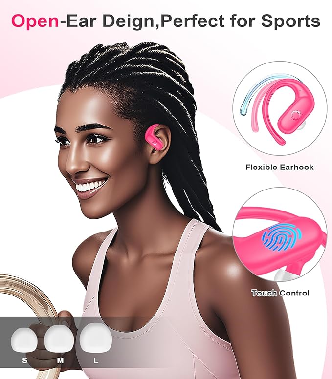 MOZOTER Wireless Earbuds Bluetooth 5.3 Headphones Sport,Over Ear Buds with Deep Bass Sound,60Hrs Playtime Earphones Redesigned Comfort Fit with Earhooks for Running,Meeting,Workout-Pink