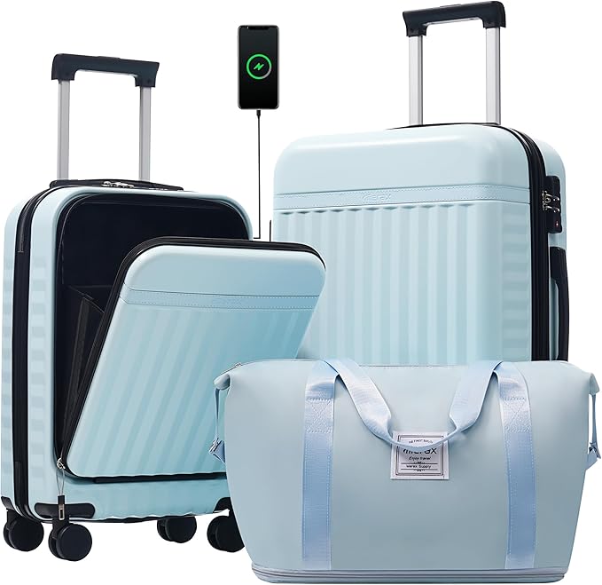 Merax Luggage Sets Front Opening, 2 Piece Hardshell Suitcase with Spinner Wheels and Bags,Lightweight Carry on Luggage with USB Port,20+24,Light Blue