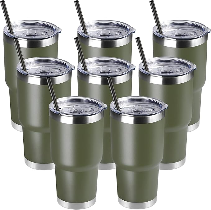 DOMICARE 30 oz Tumbler with Lid and Straw, Stainless Steel Tumblers Bulk, Insulated Vacuum Double Wall Travel Coffee Mug, Durable Powder Coated Tumbler Cups (Army Green, 8)