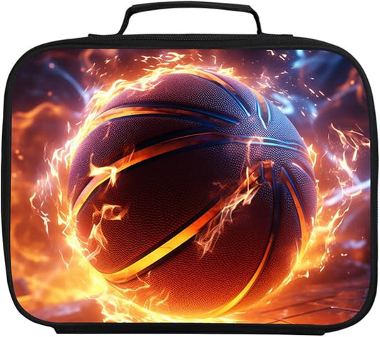 Basketball Lunch Box for Boys Girls, Double Insulated Lunch Bag for Kids at Primary Elementary School, 600D Polyester, Leak Resistant, Zipper Closure, Lightweight, Fits Most Bento Boxes