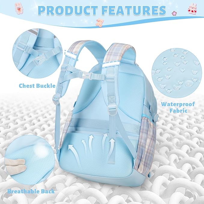 Backpack for Girls, 3PCS Kids Girls Backpacks with Lunch Bag Pencil Case for School, Cute Bookbag Teens Backpack for Kindergarten Preschool Elementary Middle School, Blue