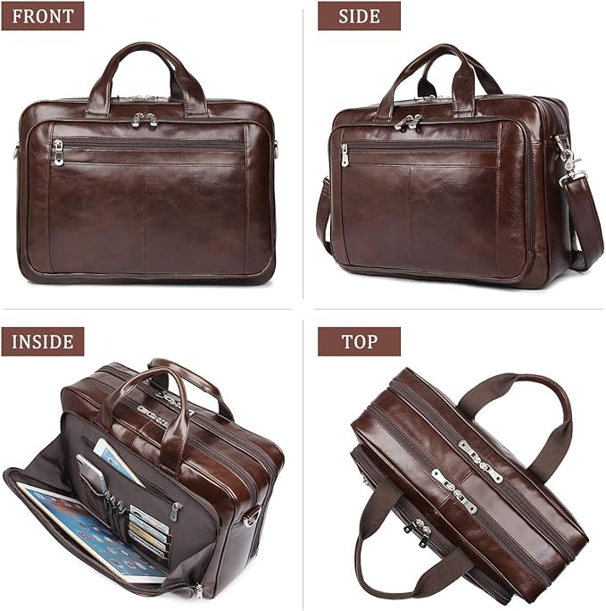 Augus Leather Briefcases for Men, Waterproof Travel Messenger Duffle Bags 17 Inch Laptop Bag YKK Zipper (cofee-1)