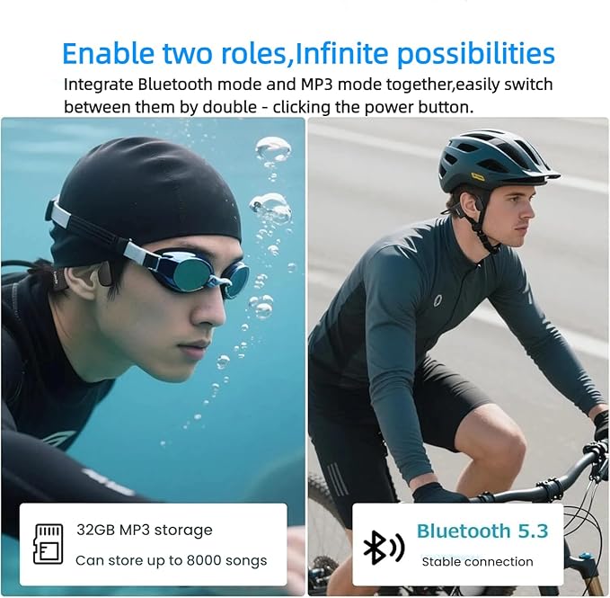 Bone Conduction Swimming Headphones Wireless Underwater Earphones IPX8 Waterproof Bluetooth headsets Built in 32GB MP3 Player Long Lasting Battery for Swimming Running Cycling and Workouts