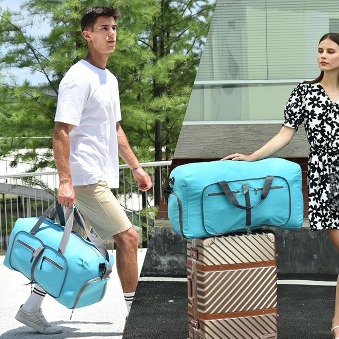 Dimayar 65L Travel Duffle Bag for Men Women - Foldable Duffel Bag with Shoes Compartment - Overnight Bags Waterproof & Tear Resistant(Mint Green)