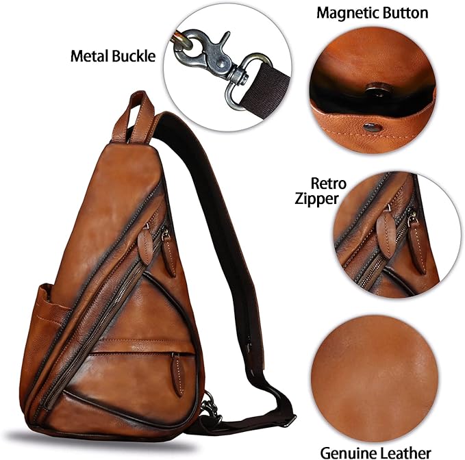 Genuine Leather Sling Bag for Men and Women - Vintage Sling Backpack Shoulder Crossbody Chest Bag for Ipad