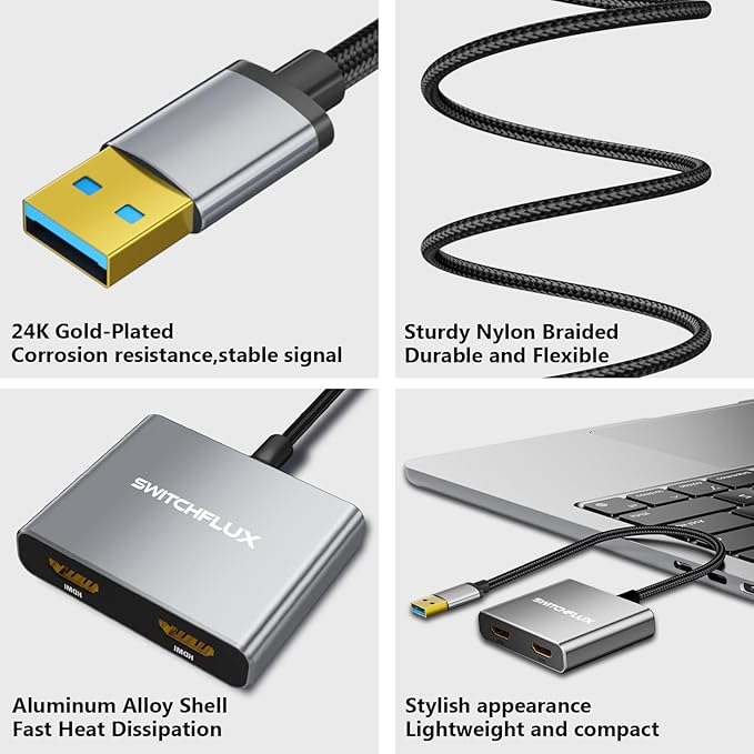 USB to HDMI Adapter,[Gold-Plated & Aluminum Shell] USB 3.0 to Dual HDMI for Dual Monitors,USB A to HDMI Splitter Support Windows,macOS - Driver Installation Required