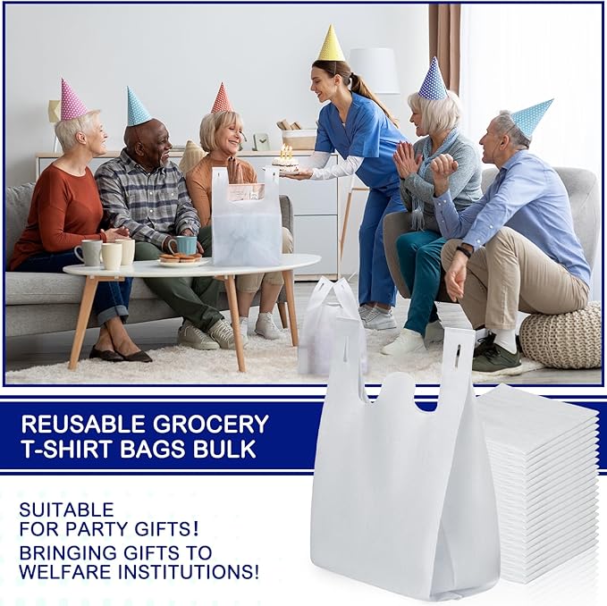 Windyun Large Grocery T-shirt Bags Bulk Reusable Non Woven Shopping Bag Foldable Gift Tote with Handle, 21x11x6 Inch