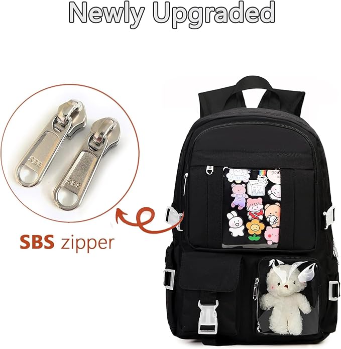 Kawaii Backpack for Teen Girls, Cute Aesthetic High Middle School College Bookbag with Accessories, Black