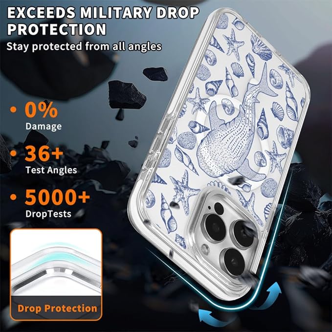 DAIZAG Case for iPhone 16 Pro Max, [Compatible with MagSafe],Phone Case for Women Girls Magnetic Clear Cover,Blue Seashell Whale Shark Ocean