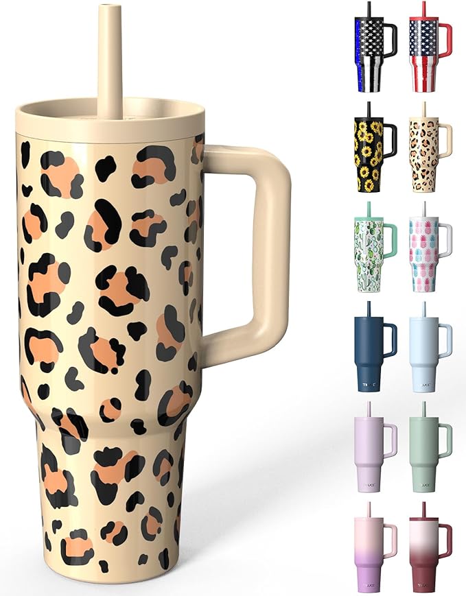 TILUCK 40 oz Tumbler with Handle, Vacuum Insulated Stainless Steel Travel Mug with 100% Leak-Proof Silicone Straw Lid, Cupholder Friendly Water Bottle(Leopard, 40oz)