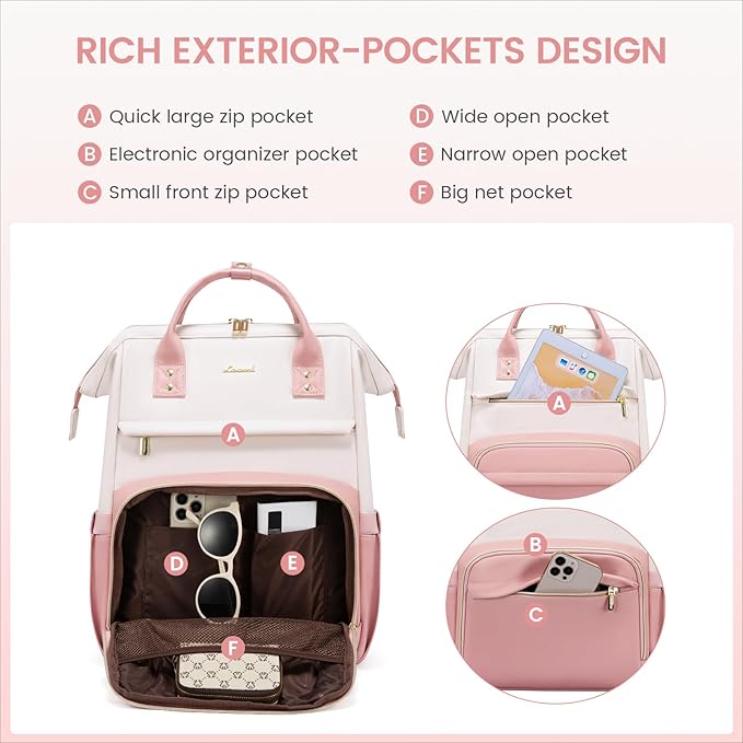 LOVEVOOK Leather Backpack for Women,17 inch Leather Laptop Backpack Women,Professional Work Backpack Nurse College Teacher Bag,Womens Laptop Tote Bag Computer Travel Backpack Purse,Beige White-Pink