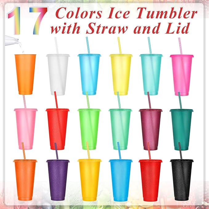 Honeydak 60 Pack Tumbler with Straw and Lid Bulk Glitter Plastic Cups Water Bottle Iced Coffee Travel Mug Reusable Party Favor Cups for Birthdays travel 24-27 oz (Assorted Color)