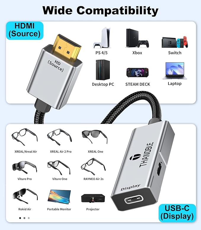 HDMI to USB C Adapter 4K60Hz, Unidirectional HDMI Male (Source) to USB C Female (Display) for Portable Monitor, AR Glasses XREAL One/Air 2 Pro/VITURE Pro/Rokid, PS4/5, Xbox, Switch, ROG Ally