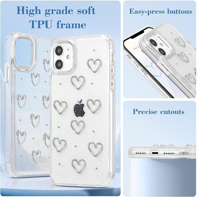 EYZUTAK Case for iPhone 12/iPhone 12 Pro, Bling Glitter 3D Hearts Phone Case Cute Sparkly Crystal Clear Heart Aesthetic Design Case Slim Soft Durable TPU Transparent Protective Cover for Women - Heart