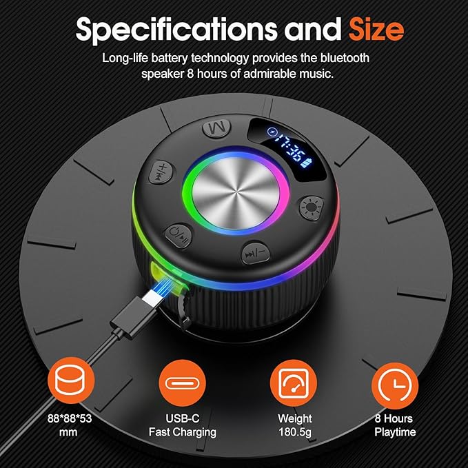 Bluetooth Shower Speaker, Portable Bluetooth 5.3 Speakers Wireless with Time Display, IP7 Waterproof Speakers with RGB Light, Suction Cup, Mini Stereo Speaker for Bathroom Party Beach Outdoor Gifts