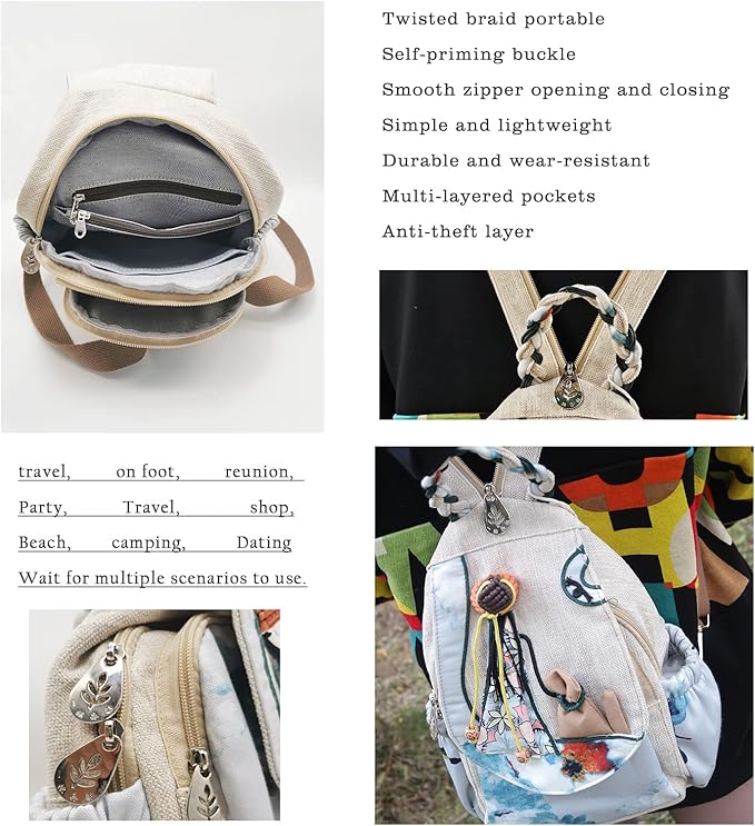 HUANGGUOSHU Women Cotton Woven Bohemian Hemp Boho Canvas Embroidery Multi Pocket Retro Cute Backpack Wallet Backpack（Maiden）