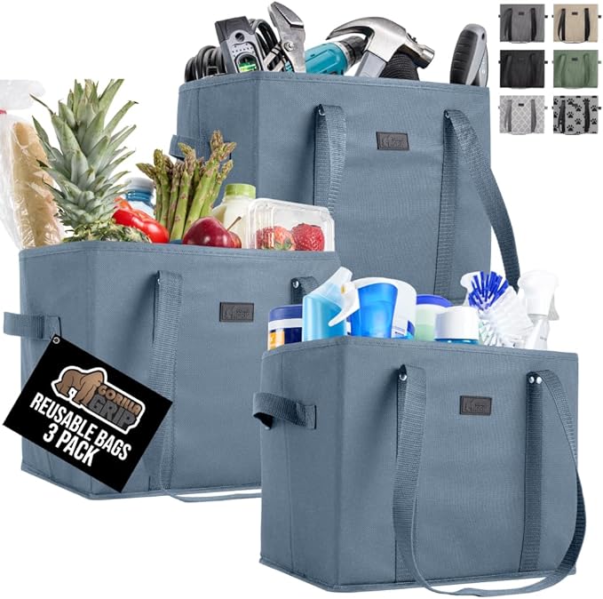 GORILLA GRIP Heavy Duty Foldable Reusable Grocery Bags, 3 Pack, Tear Resistant Box Shape Shopping Tote with Reinforced Handles, Grip Feet, Easily Carry and Transport Groceries, 13x10x11, Dusty Blue