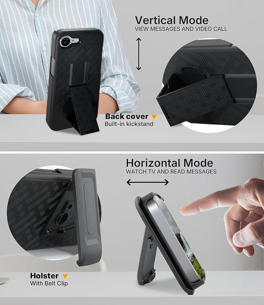 MOTIVE Designed for iPhone 16e Case with Belt Clip, Shell Holster Combo for Apple iPhone 16 e, Slim Rugged Case with Holster, Drop Shockproof Protective Cover & Kickstand 6.1" | Black - 2025