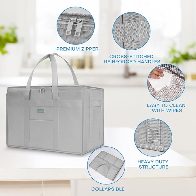 JUNGYOON 2-Pack Heavy-Duty Insulated Grocery Bags & Food Delivery Bag – Collapsible Cooler Bag with Zippered Top | Reusable Shopping Bags for Groceries, Picnics, Easy Storage(XXXL Grey)