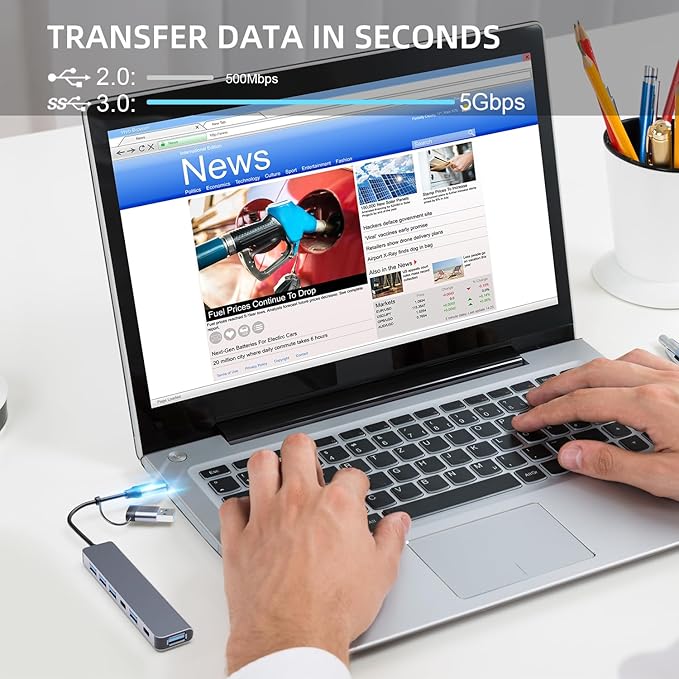 Aluminum 7 in 1 USB C/USB Hub, 2* USB C and 5* USB, USB 3.0 and USB 2.0 Ports, Ultra Slim Portable USB Splitter Adapter for Laptop, PS4, Flash Drive, HDD, Xbox, Printer, Mouse, Keyboard