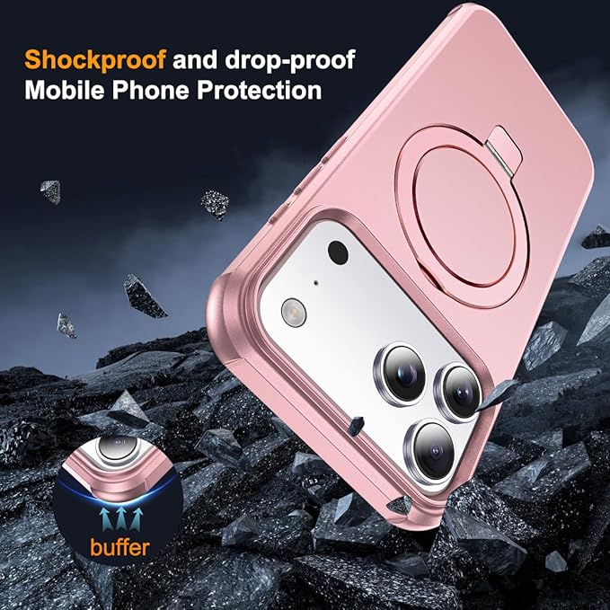 Phone Case Compatible with iPhone 17 Pro Case with Invisible Magnetic O-Ring Stand Military-Grade Phone Case for iPhone 17 Pro 6.3" [Compatible with Mag-Safe][Great Grip Feeling], Rose Gold