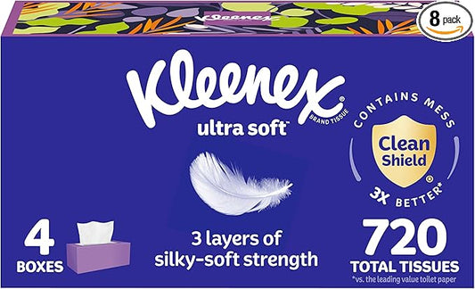 Kleenex Ultra Soft Facial Tissues, 4 Flat Boxes, 180 Tissues per Box, 3-Ply, Packaging May Vary