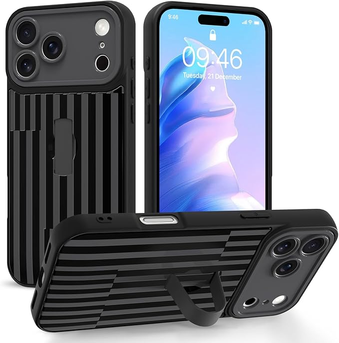 Compatible with iPhone 17 Pro Case with Finger Hand Strap Kickstand, Trendy Cool Striped Phone Case for Women Men, Full Camera Protection Shockproof Protective Cover, Black Stripes