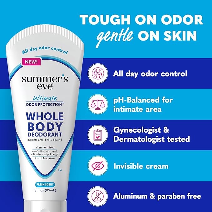 Summer's Eve Fresh Scent Whole Body Deodorant for Women, Aluminum-Free Ultimate Odor Control Cream, 3 Oz