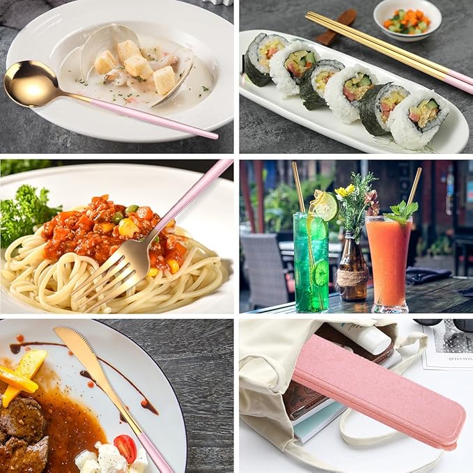 AARAINBOW 8 Pieces Stainless Steel Flatware Set Portable Reusable Cutlery Set Travel Utensils Set Including Chopsticks Knife Fork Spoon Straws Cleaning Brush Dishwasher Safe (Pink Golden)