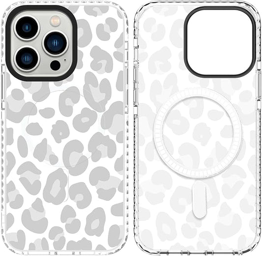 SAKUULO Magnetic for iPhone 13 Pro Case [Compatible with MagSafe] Light Grey Leopard Print Pattern Wireless Charge Slim Shockproof Case for iPhone 13 Pro Phone Case, Grey Leopard (6.1")