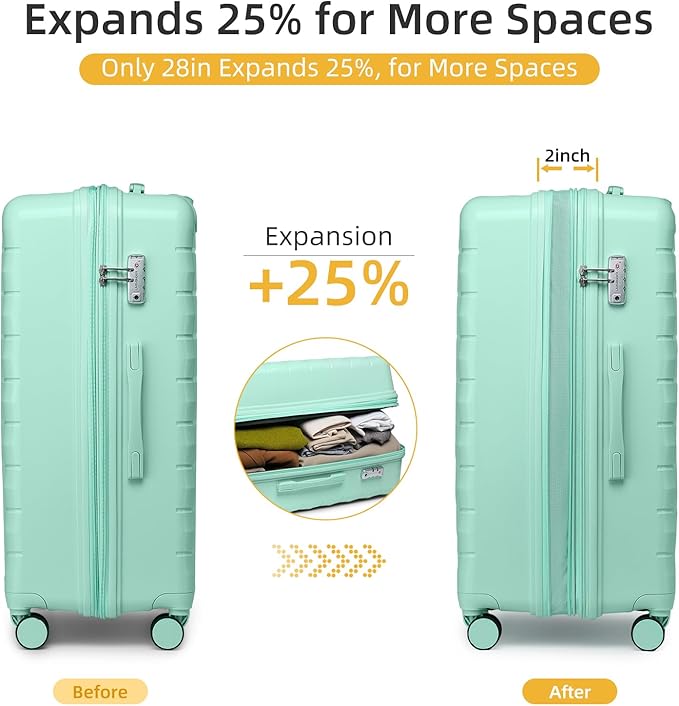 LARVENDER Luggage Sets 5 Piece with Duffel Bag Expandable(Only 28 inch) Hardside PP Carry On Luggage with 360° Spinner Wheels TSA Lock Luggage Sets for Women, Seafoam Green