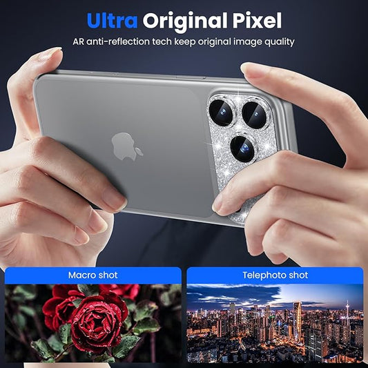 WSKEN for iPhone 17 Pro Camera Lens Protector, [Military Grade Shatterproof] [Strong Adhesion] Metal Aluminum Alloy Tempered Glass Camera Screen Protector，Glitter