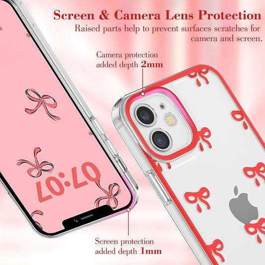 EYZUTAK Case for iPhone 12, Clear Cute Ribbon Bowknot Pattern Aesthetic Transparent Phone Case Raised Camera Protection Stylish Slim Soft Durable TPU Protective Cover for Women Girls - Red