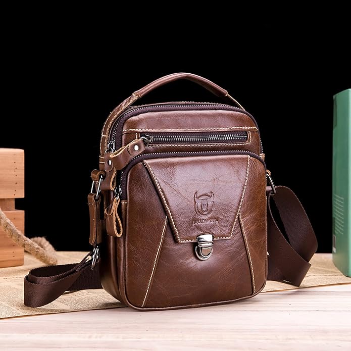 LUKZIJAES Small Genuine Leather Shoulder Bag Men Messenger Handbag Lightweight Sling Crossbody Bag