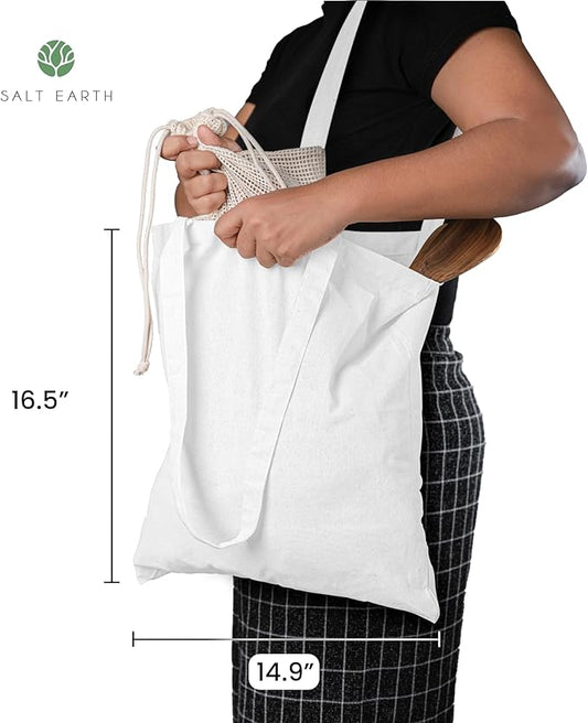 Salt Earth Pack of 5 | 6 | 12 | 24 | 48 – 100% Cotton Reusable Tote Bags – Bulk Grocery, Shopping, DIY, Beach & Gift Use