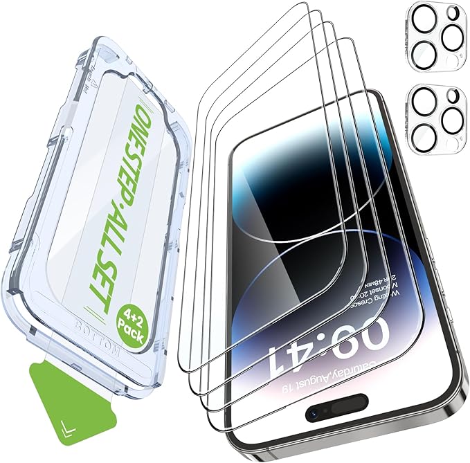 iGluz 4 Pack for iPhone 14 Pro Screen Protector with 2-Pack Camera Lens Protector[99.99%HD Clear][9H Tempered Glass][Bubble Free][Easy Installation][Smooth Touch][Anti-fingerprint],4+2 Dual Protection