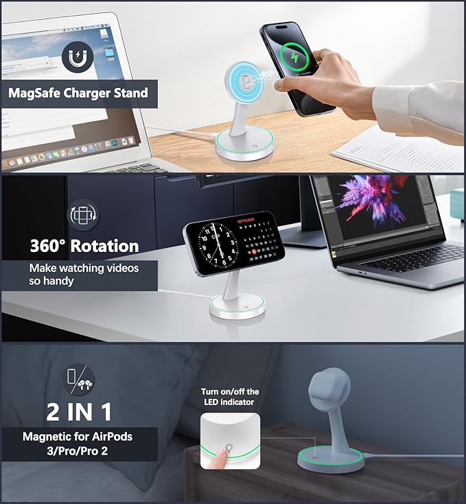 2 Pack Magnetic Wireless Charger Stand 15W Fast Mag-Safe Charger for iPhone iPhone 17/17 pro/ 17 Air/ 17 pro max 16/15/14/13/12 Series Magnet Wireless Charging Station with Light for AirPods