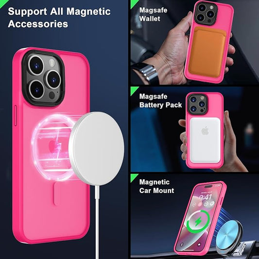 MOCCA Strong Magnetic for iPhone 15 Pro Max Case, [Compatible with Magsafe][13FT Military Drop Protection] Slim Translucent Matte Shockproof Case for iPhone 15 ProMax Case 6.7'', Hot Pink