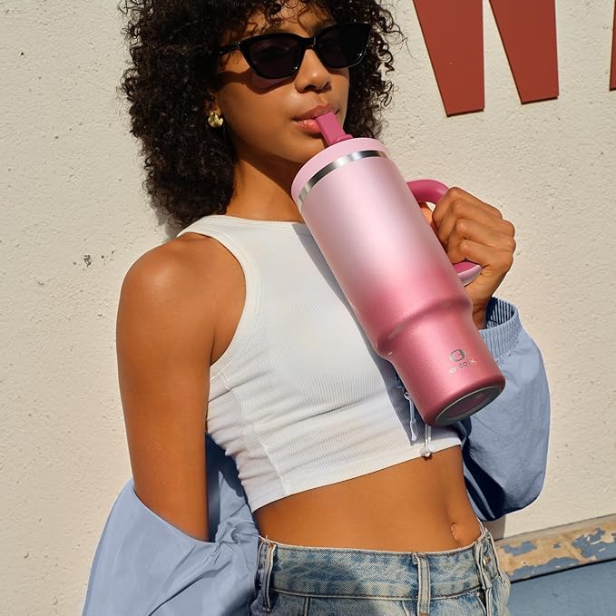 40 oz Tumbler with Handle and Straw: Stainless Steel Insulated Tumbler Keeps Cold for 24 Hours, Leakproof Travel Cup Fits in Cup Holder and BPA-Free, Flamingo