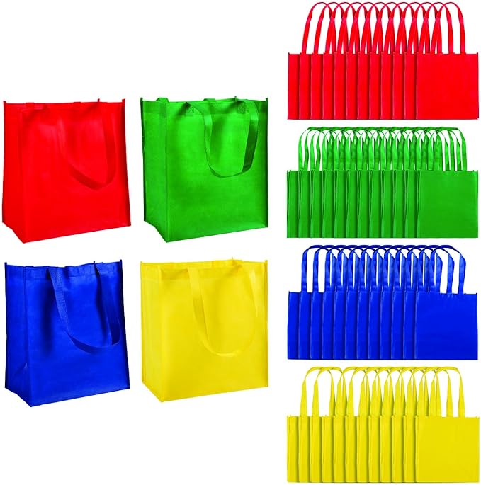 Fun Express Reusable Grocery Bags Bulk 50 Pack - Large Shopping Bags with Handles for Groceries | Foldable Tote Bags in Multiple Colors | Heavy-Duty Plastic Material for Farmers Market & Daily Use